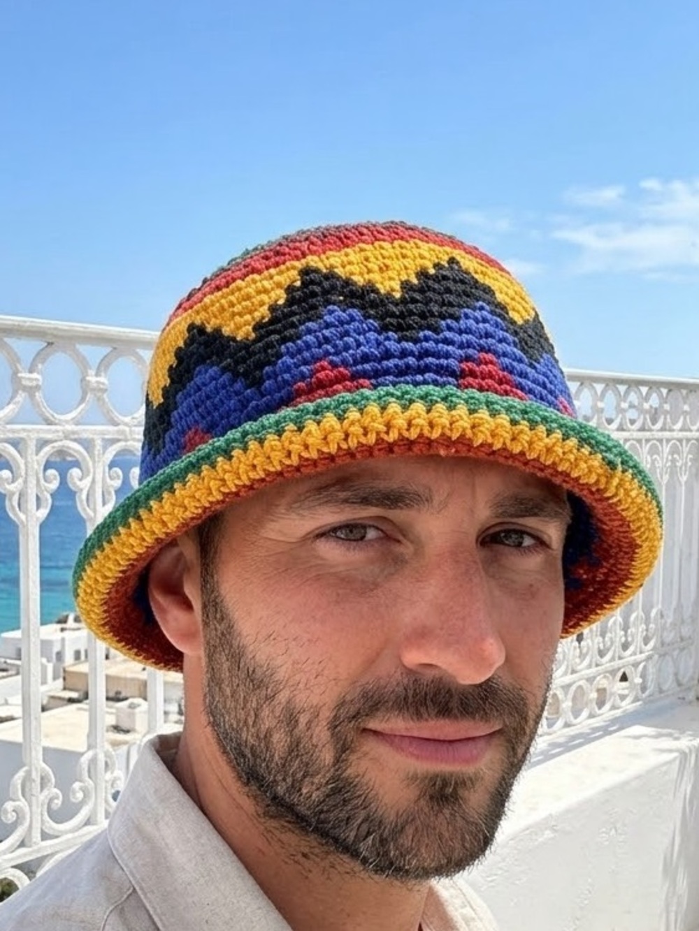 NWT Vintage Hand Crochet Bucket Hat - Colorful Geometric Pattern